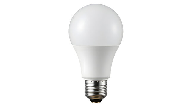 Modern white LED light bulb with metallic screw base, energy efficient lighting equipment for residential and commercial use, isolated on transparent background for easy graphic design projects.