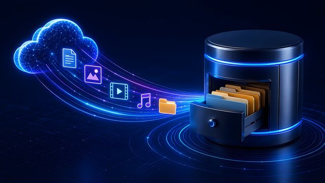 Digital data migration concept with media files transferring from physical folder drawer into glowing blue cloud storage