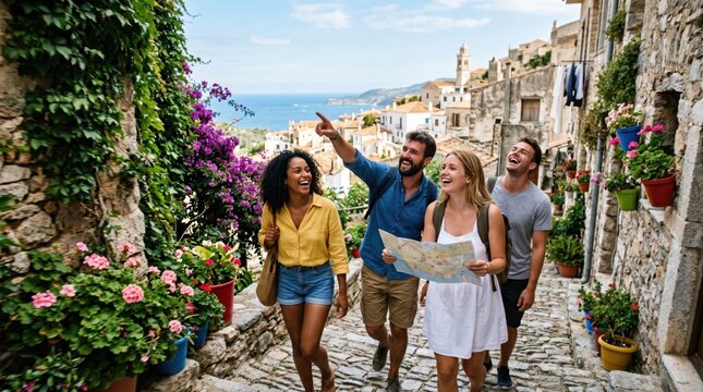 Group of tourists walking down cobblestone street with pink flowers holding map at Amalfi coast with sea view.