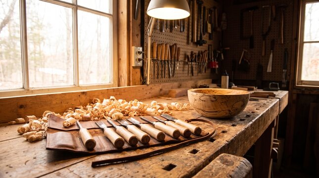 Traditional woodcarving hand tools and sharp chisels arranged on a wooden workshop workbench