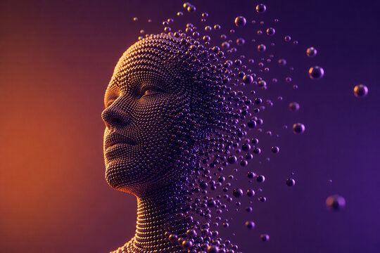 AI generated surreal human face formed from glossy spheres dissolving into floating particles orange purple light representing identity change transformation