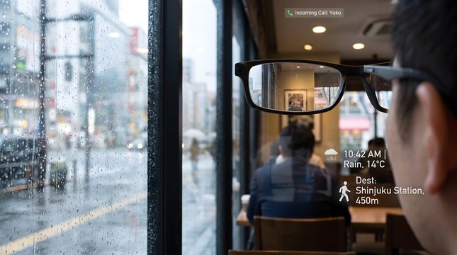 Man wearing smart glasses viewing digital information overlay