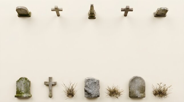 Spooky Halloween background with gravestones and crosses top and bottom border frame on light beige surface with copy space