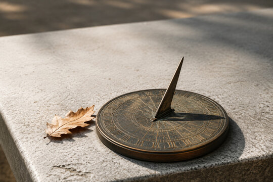 Antique bronze sundial with dried oak leaf on grey stone, time and history concept