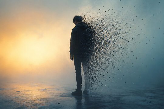 AI generated solitary man dissolving into digital particles misty environment warm cool light representing loss change isolation transformation