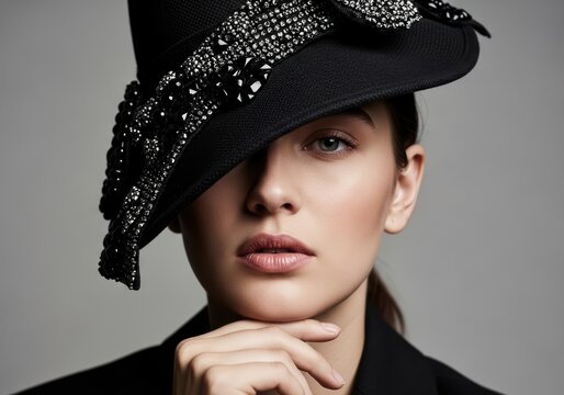 woman wearing a stylish black hat with sparkling crystals posing for a portrait