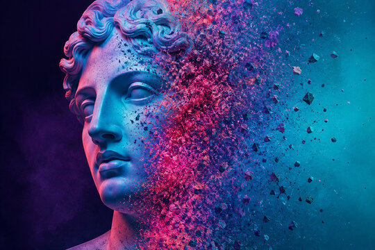 AI generated classical marble bust dissolving into blue orange particles glowing duplicate face surrounded by dramatic fragments smoke sparks