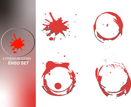 4 Premium Red Enso Icons Set. Hand-drawn brush calligraphy circles, ink splatters, and grunge dots. Japanese zen ring symbol. Minimalist vector graphic for martial arts, yoga