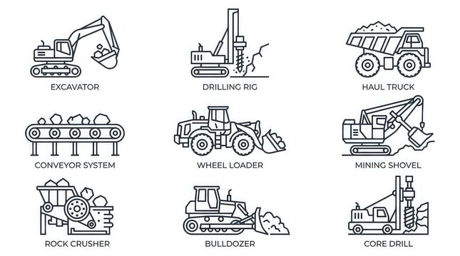 Heavy mining and construction equipment solid icon set containing icons for Excavator, Drilling Rig, Haul Truck, Conveyor System, Wheel Loader, Mining Shovel, Rock Crusher, Bulldozer, and Core Drill