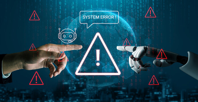 A striking image showcasing the moment of interaction between a human hand and a robotic hand, both signaling a system error in a futuristic digital landscape. Cyphers