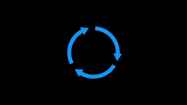 Three arrow circle cycle rotating. Recycle symbol. reload, rotation, reset, loop sign.glowing circular arrows rotation cycle seamless loop animation on dark background.