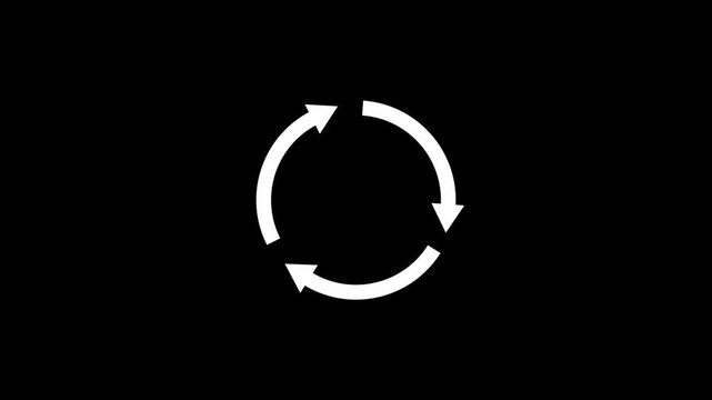 Three arrow circle cycle rotating. Recycle symbol. reload, rotation, reset, loop sign.glowing circular arrows rotation cycle seamless loop animation on dark background.