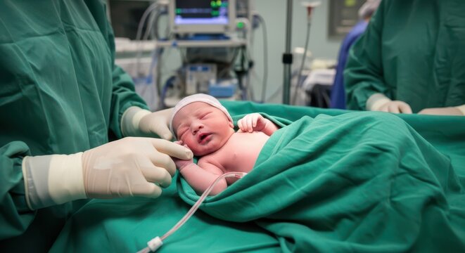 Newborn baby crying after birth in a hospital operating room with doctors wearing green scrubs and gloves during a delivery procedure