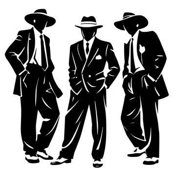 Bold black silhouette of three stylish men posing in zoot suits with wide-brim hats and two-tone shoes, minimalist illustration perfect for retro jazz, 1940s era, and swing culture themes