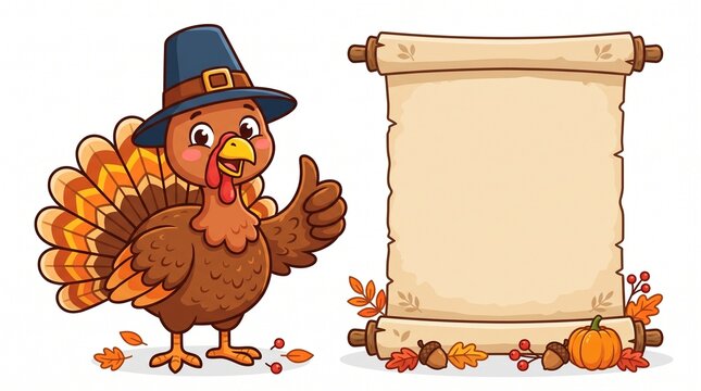 Cartoon thanksgiving turkey wearing pilgrim hat giving thumbs up next to paper scroll with blank scroll cute turkey thanksgiving character autumn banner holiday greetin
