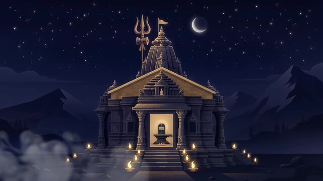 Lord Shiva Temple with Lingam and Diya Lamps at Night Under Stars