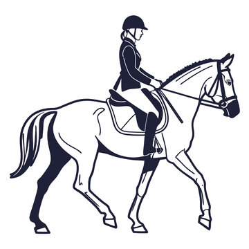 Minimalist silhouette of a woman in equestrian gear riding a horse in a side view with silhouette female rider wearing helmet formal dark blue silhouette