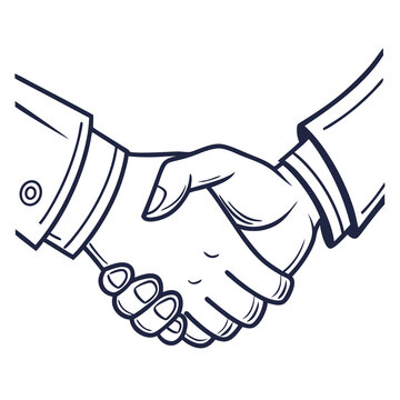 A minimal black and white vector illustration of two people shaking hands in agreement with business attire shaking white line art hands simple