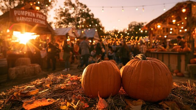 Autumn pumpkin patch market at golden sunset with large orange pumpkins rustic farm stand string lights fall harvest festival seasonal countryside celebration cozy Thanksgiving background