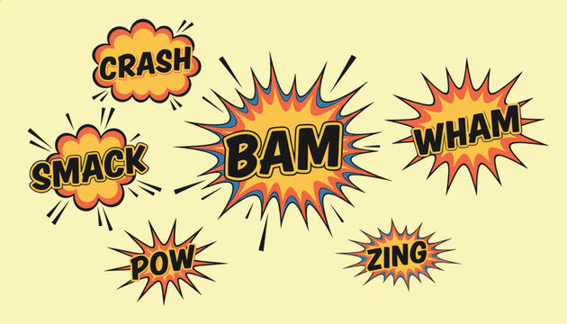 Dynamic comic book onomatopoeia sound effect bursts including bam and pow displayed on a soft yellow background for design projects.