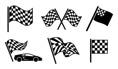 Motorsport racing flags checkered finish start black silhouette vector collection © Roichul