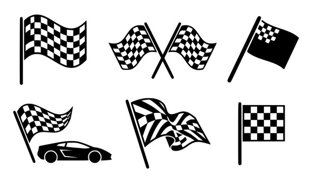 Motorsport racing flags checkered finish start black silhouette vector collection