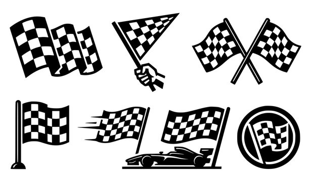 Racing checkered finish flag motorsport black white vector icon set