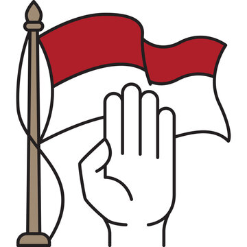 A minimalist vector illustration featuring the red and white Indonesian flag on a flagpole with a black hand raised in a three-finger salute against a dark background.