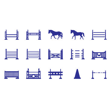 Set of fifteen blue horse jumping obstacle icons featuring various fences, hurdles, and running horses for equestrian sports on white background
