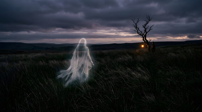 Ghostly figure floating through misty twilight field with dead tree