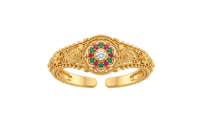 Vintage gold ring with ruby and emerald stones, ornate filigree jewelry band, traditional indian style gold ring for wedding isolated PNG with Transparent Background