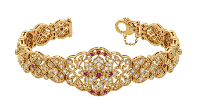 Vintage gold diamond bracelet with ruby accents, ornate filigree floral jewelry, elegant yellow gold bridal accessory isolated PNG with Transparent Background