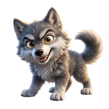Cute cartoon wolf pup with a funny angry face and detailed fur