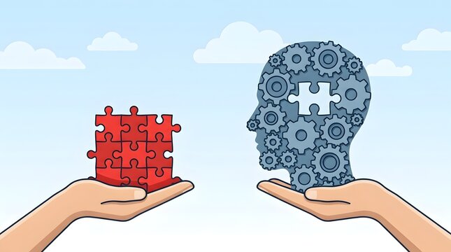 Hands holding puzzle pieces and head with gears