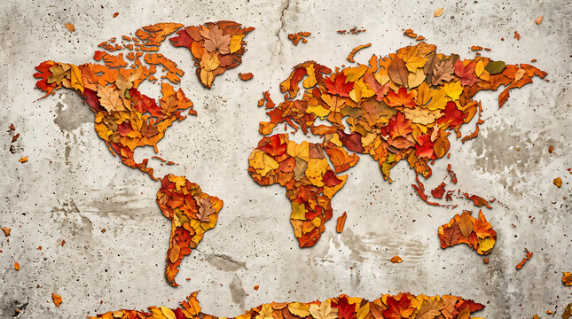 World map shape created from colorful autumn fallen leaves on a concrete wall background