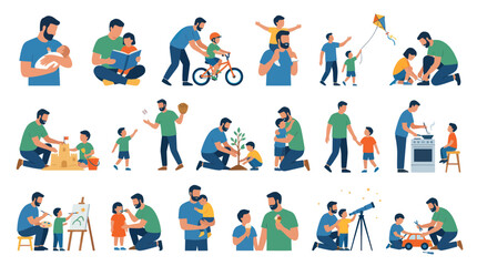 Fototapeta premium Flat Style Illustration of Father and Son Activities, Family Bonding, Childhood