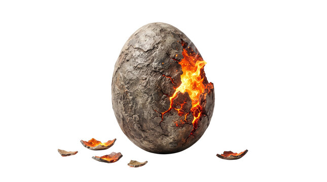 Fantasy dragon egg with glowing fire, cracked stone eggshell with burning lava, mythical creature hatching concept isolated PNG with Transparent Background
