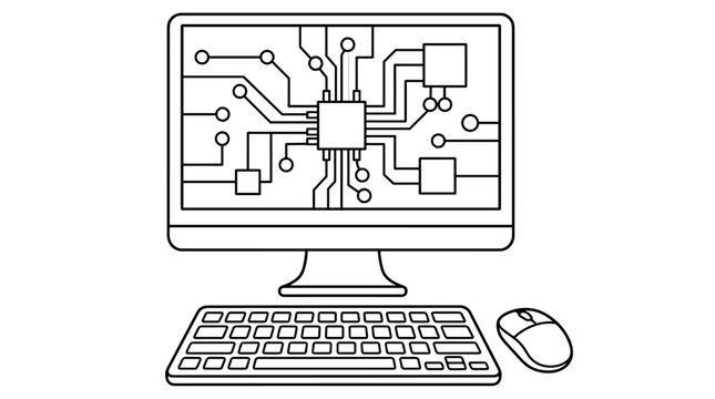 Outline illustration of a desktop computer, keyboard, and mouse with circuit board graphics on screen, isolated on white.