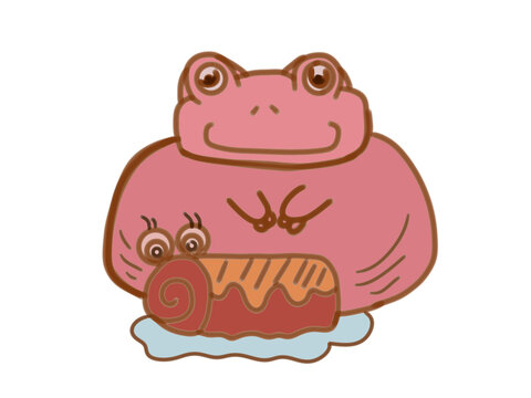 Cute hand-drawn illustration of a happy pink frog character with a swiss roll cake isolated on a transparent background. 