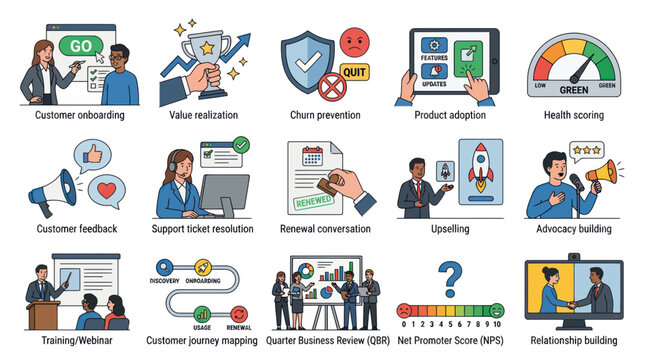 Business Customer Success Metrics Icons Flat Design