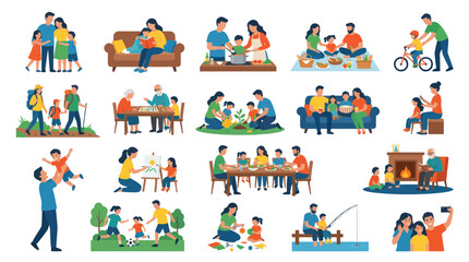 Fototapeta premium Happy Family Lifestyle Flat Vector Illustration Parents, Kids and Grandparents Engaging in Various Activities