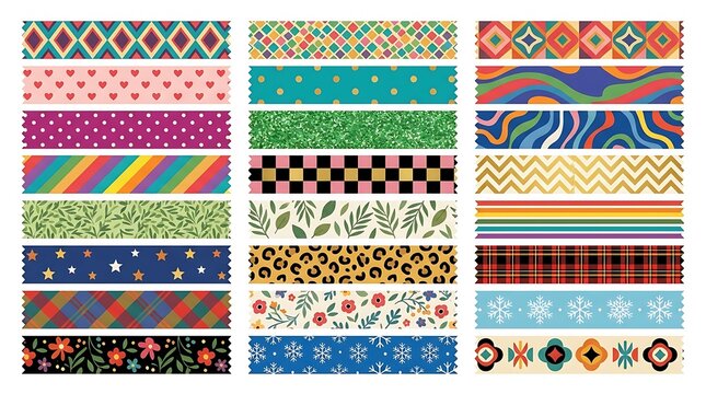 Decorative washi tape collection featuring vibrant patterns and festive artistic designs