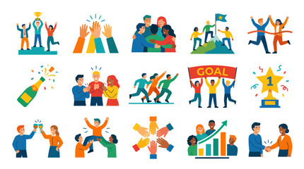 Fototapeta premium Flat Style Vector Icons of Teamwork Success, Celebration, and Achievement