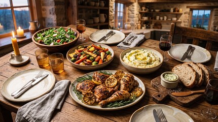 Obraz premium Cozy farmhouse dinner table spread with roasted chicken, mashed potatoes, roasted vegetables, green salad, artisan bread, and wine