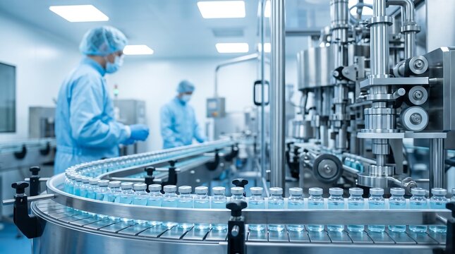 Automated pharmaceutical machinery filling glass vials on conveyor belt in clean room with technicians in blue protective suits supervising production process in medical factory