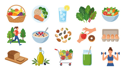 Fototapeta premium Health and Wellness Flat Vector Illustration Set: Food, Nutrition, Exercise, and Active Lifestyle