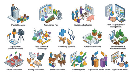 Fototapeta premium Isometric Agricultural Icons: Livestock, Food, Science, Business, and more - Flat Design