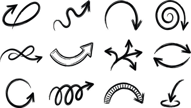 Hand drawn sketchy charcoal brush stroke arrow collection featuring growth trends multi directional splits spirals loops and stitched measurement arc symbols
