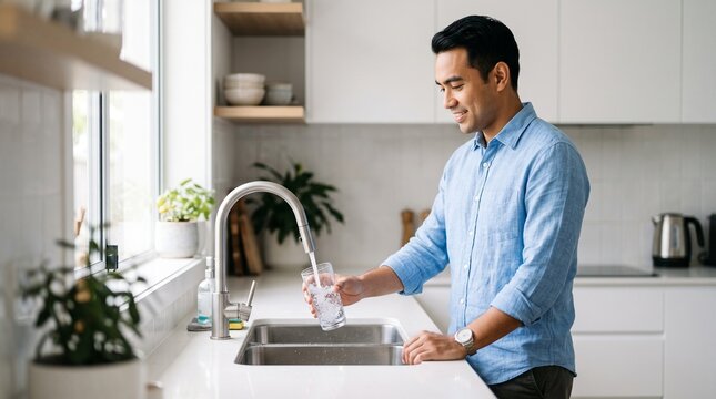 Man washing dishes in a modern kitchen sink