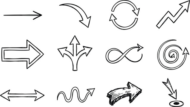 Hand drawn sketchy business arrow and workflow process blue icon set featuring growth curves loop cycles infinity signs three way splits and target points